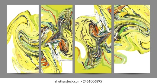 Nuevo Set Flyers Plantilla de diseño con mezcla de pinturas acrílicas. Textura de mármol líquido. Aplicable para la cubierta del diseño, el volante, el póster, el cartel. Pinturas mixtas verde, marrón y amarillo