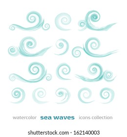 new set of sea waves symbols isolated on white background can use like watercolor icons