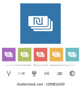 New Shekel banknotes flat white icons in square backgrounds. 6 bonus icons included.