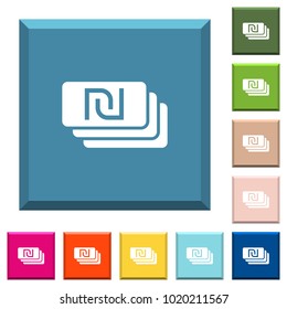 New Shekel banknotes white icons on edged square buttons in various trendy colors