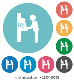New Shekel cash machine flat white icons on round color backgrounds