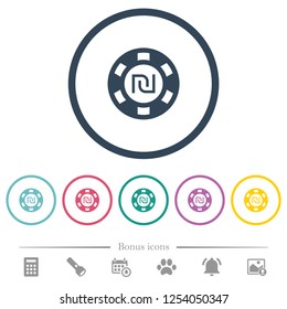 New Shekel casino chip flat color icons in round outlines. 6 bonus icons included.