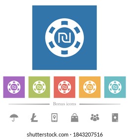 New Shekel casino chip flat white icons in square backgrounds. 6 bonus icons included.