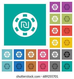 New Shekel casino chip multi colored flat icons on plain square backgrounds. Included white and darker icon variations for hover or active effects.