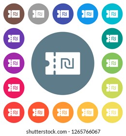 New Shekel discount coupon flat white icons on round color backgrounds. 17 background color variations are included.
