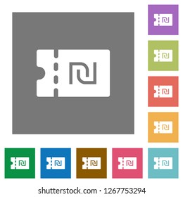 New Shekel discount coupon flat icons on simple color square backgrounds