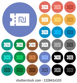 New Shekel discount coupon multi colored flat icons on round backgrounds. Included white, light and dark icon variations for hover and active status effects, and bonus shades.