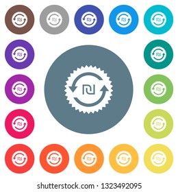 New Shekel pay back guarantee sticker flat white icons on round color backgrounds. 17 background color variations are included.