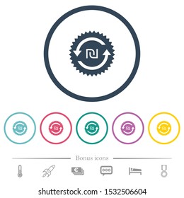 New Shekel pay back guarantee sticker flat color icons in round outlines. 6 bonus icons included.