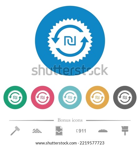 New Shekel pay back guarantee sticker flat white icons on round color backgrounds. 6 bonus icons included.