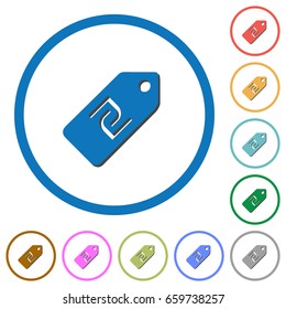 New Shekel price label flat color vector icons with shadows in round outlines on white background