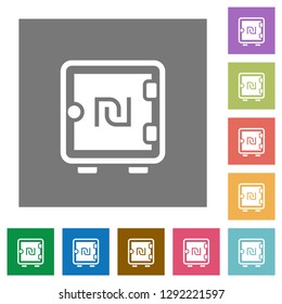 New Shekel strong box flat icons on simple color square backgrounds