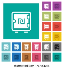 New Shekel strong box multi colored flat icons on plain square backgrounds. Included white and darker icon variations for hover or active effects.