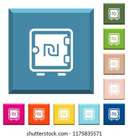 New Shekel strong box white icons on edged square buttons in various trendy colors