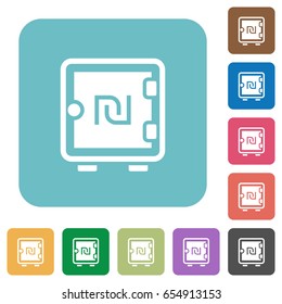 New Shekel strong box white flat icons on color rounded square backgrounds