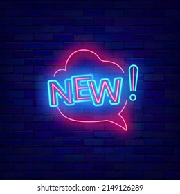 New shiny emblem. Comic speech bubble neon sign. Pop art design. Glowing effect poster. Emotion concept on brick wall. Editable stroke. Vector illustration