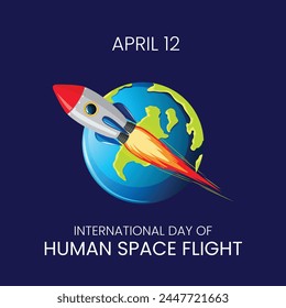 New Ship flies to another planet. Spaceship takes off into the starry sky , international day of human space flight 12 April