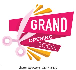 New shop or store grand opening soon, announcement or advertisement. Isolated banner with ribbons, inscriptions and cutting scissors. Shopping and commerce, vector in flat style illustration