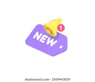 New shopping tag with ring bell announcement notification 3d icon realistic vector illustration. Store shop message retail badge label financial offer promotion marketing coupon buy sticker
