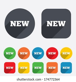 New sign icon. New arrival button symbol. Circles and rounded squares 12 buttons. Vector