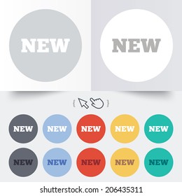 New sign icon. New arrival button symbol. Round 12 circle buttons. Shadow. Hand cursor pointer. Vector