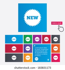 New sign icon. New arrival star symbol. Metro style buttons. Modern interface website buttons with hand cursor pointer. Vector