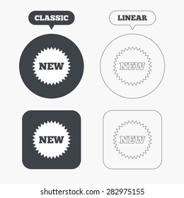 New sign icon. New arrival star symbol. Classic and line web buttons. Circles and squares. Vector