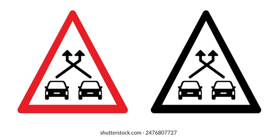 The new sign is in Spain. This signboard means - braided lanes - that the entry lane is also an exit lane for other traffic. Triangle sign. Espana vehicle, road signboard. 