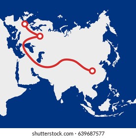 The new silk road - connection and transportation between China and Europe. Map of Eurasia with marked trade infrastructure of road and railway for transit and shipping