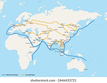 Nova Rota da Seda, mapa do Corredor Econômico Cinturão e Rota e suas cidades-caminho. Iniciativa Um Cinturão, Uma Rota, uma estratégia global de desenvolvimento de infraestrutura adotada pelo governo da China em 2013.