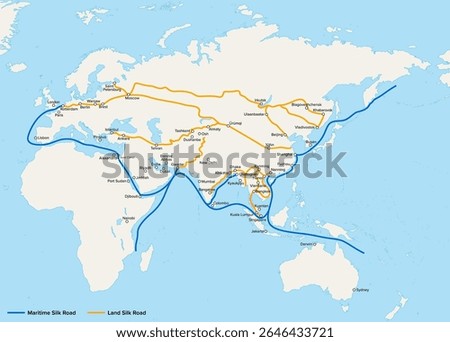 New Silk Road, map of the Belt and Road Economic Corridor and its pathway cities. The Belt and Road Initiative, a global infrastructure development strategy adopted by the government of China in 2013.
