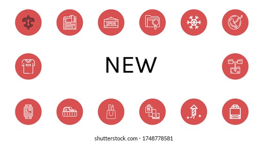 new simple icons set. Contains such icons as Fleur de lis, Bookmark, Open, File, Snowflake, Fetus, Digital watch, Steak, Bag, Shopping bag, can be used for web, mobile and logo