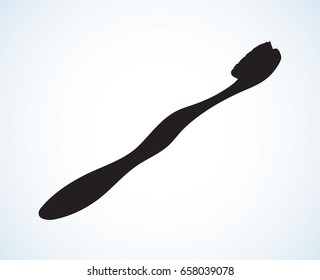 New simple toothbrush on light backdrop. Dark ink hand drawn picture in retro art print style. Closeup side view with space for text