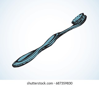 New simple toothbrush on light backdrop. Freehand outline black ink hand drawn picture logo sketchy in retro art scribble style pen on paper. Closeup side view with space for text