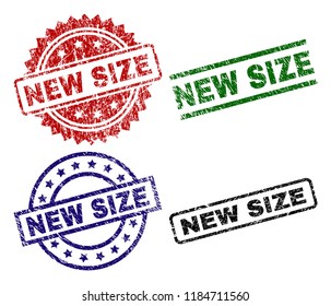 NEW SIZE seal prints with corroded style. Black, green,red,blue vector rubber prints of NEW SIZE text with retro style. Rubber seals with round, rectangle, rosette shapes.