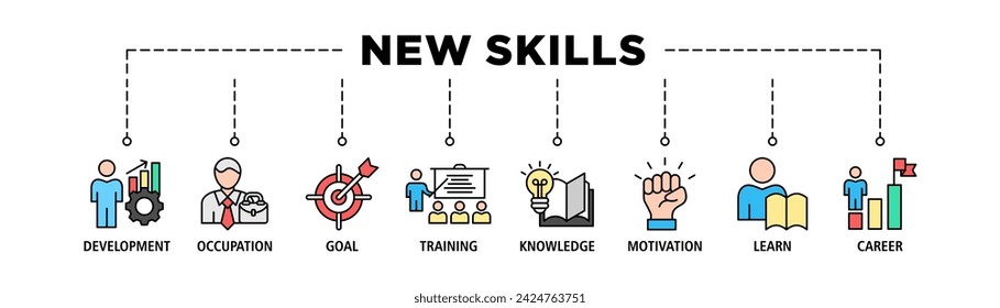 New skills banner web icon vector illustration concept with icon of development, occupation, goal, training, knowledge, motivation, learn and career