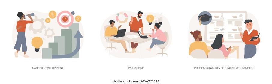 New skills gain isolated concept vector illustration set. Career development, workshop, professional development of teachers, conference and seminar, career change, job success vector concept.