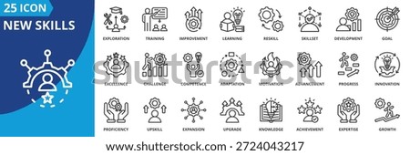new skills icon set collection in outline style. pack contain achievement, adaptation, advancement, challenge, competence, development, excellence, expertise, exploration, goal, growth