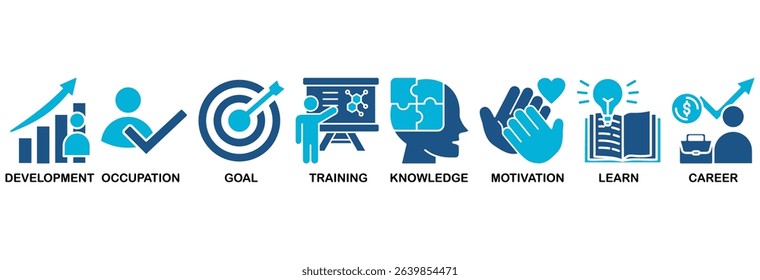 New skills icon set vector illustration concept with icon of development, occupation, goal, training, knowledge, motivation, learn and career