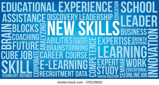 New Skills word cloud on blue background