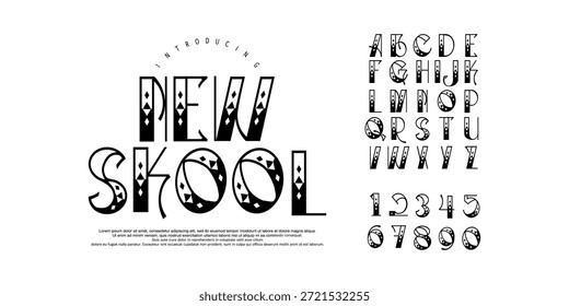 Nueva fuente Skool es una fuente de pantalla decorativa inspirada en el arte mexicano, los signos del casino y las cartas. Atrevido, festivo y llamativo.
