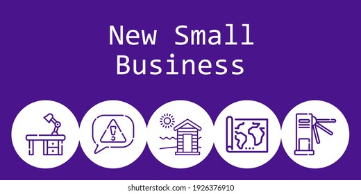 new small business background concept with new small business icons. Icons related desk, cabin, risk, map, turnstiles