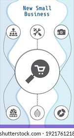 new small business editable infographic template with icons of Mirror ball, Www, Tools, Pie chart, Commerce, Camera, Hierarchical structure
