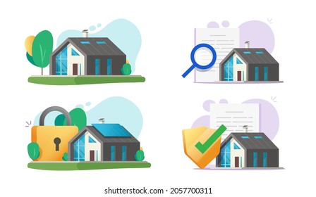 New smart home house insurance inspection vector, real estate mortgage document expertise or research idea, cottage security and protection systems, property safety shield flat cartoon illustration