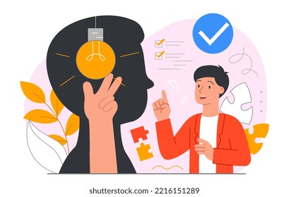 New smart ideas. Man turns on light bulb inside abstract head silhouette. Creative personality and logical thinking. Poster or banner. Insight and brainstorming. Cartoon flat vector illustration