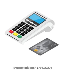 New smart POS terminal payment machine with bank credit card isolated on white background. Bank Payment Terminal. Processing payment device. Isometric view