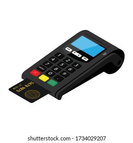 New smart POS terminal payment machine with bank credit card isolated on white background. Bank Payment Terminal. Processing payment device. Isometric view