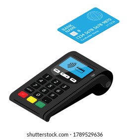 New smart POS terminal payment machine with bank credit card isolated on white background. Bank Payment Terminal. Processing payment device. Isometric view
