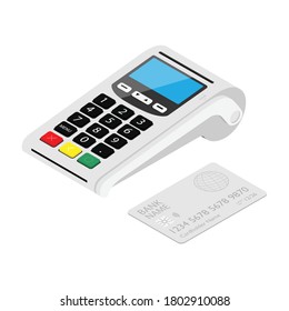 New smart POS terminal payment machine with bank credit card isolated on white background. Bank Payment Terminal. Processing payment device. Isometric view