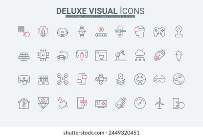 New smart technology of future and devices line icons set. Digital science innovation to control VR glasses and gloves, modern robots, metaverse thin black and red symbols vector illustration